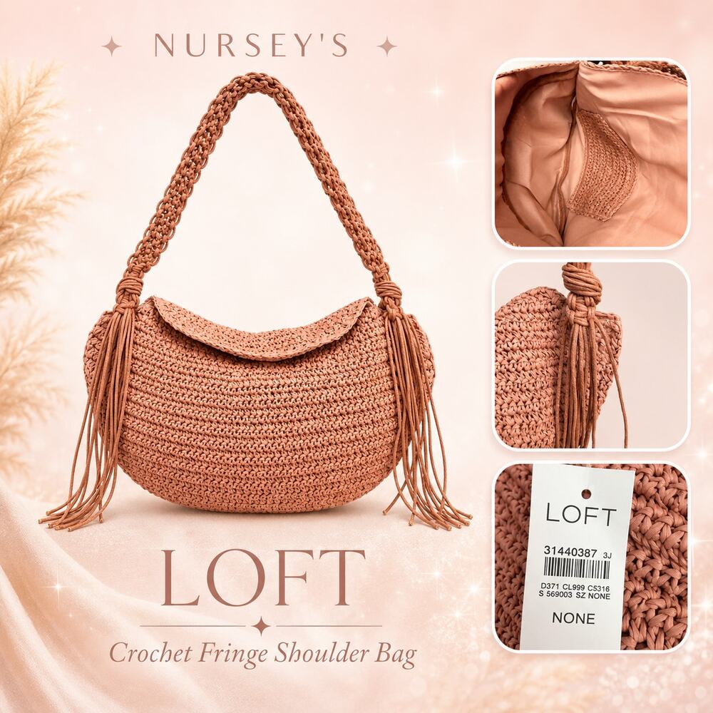 LOFT Blush Pink Crochet Fringe Shoulder Bag Raffia Boho Purse
